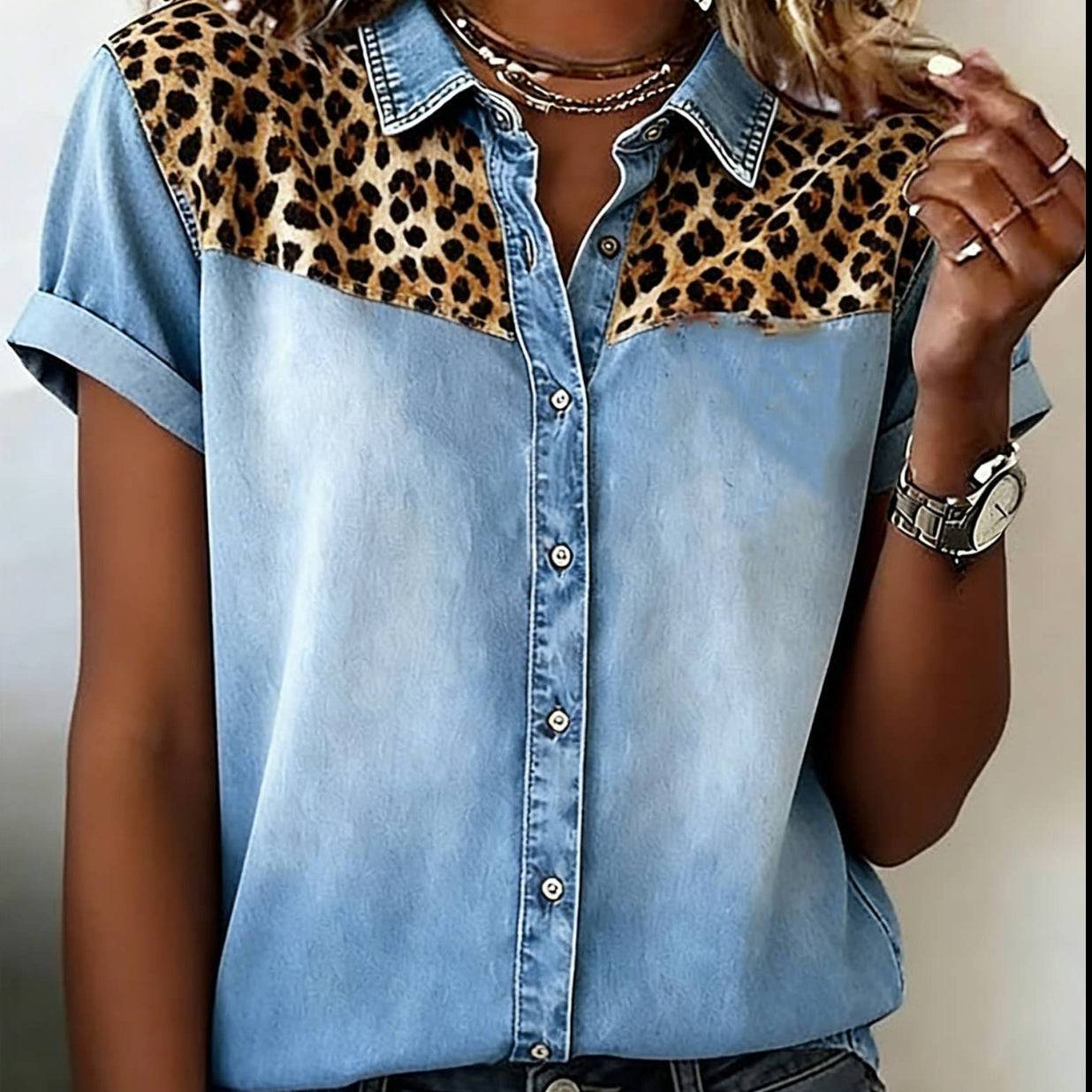 Button Down Leopard Patchwork Detail Short Sleeve Shirt