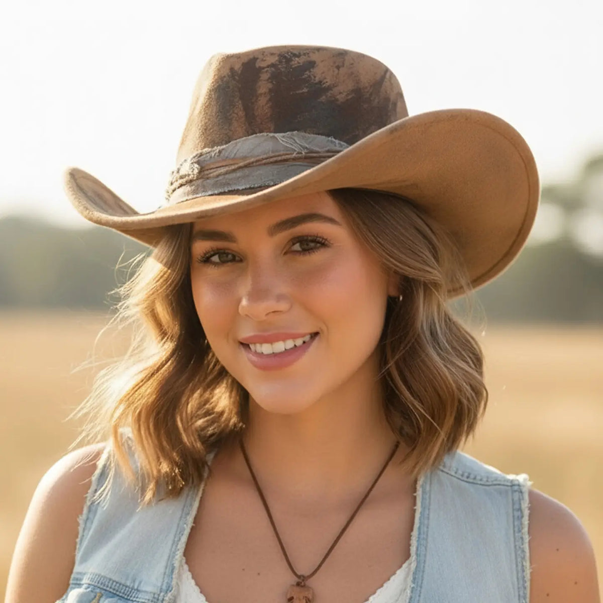Rustic Female Hats Rustic Style Cowgirl Fedora Hat with Distressed Fabric and Feather ...