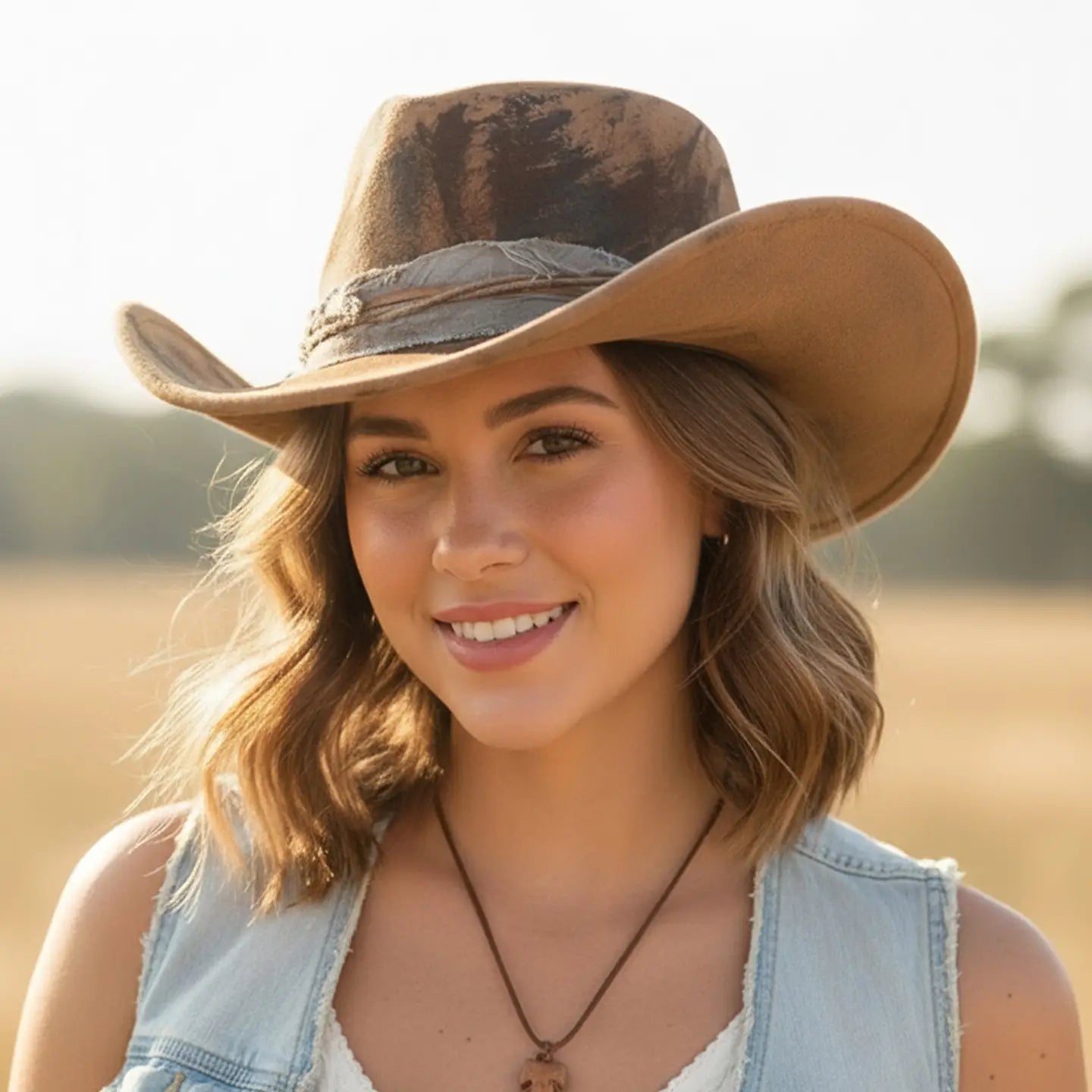 Rustic Style Cowgirl Fedora Hat with Distressed Fabric and Feather