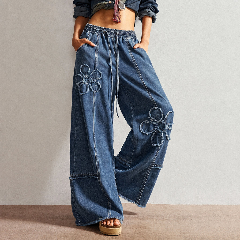Floral Applique Drawstring Wide Leg Baggy Jeans