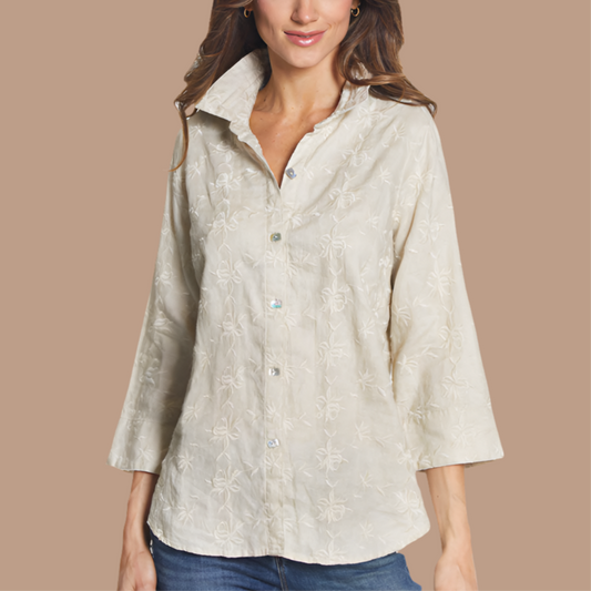 All Over Embroidered Wire Collar 3/4 Sleeve Button Front Top by John Mark