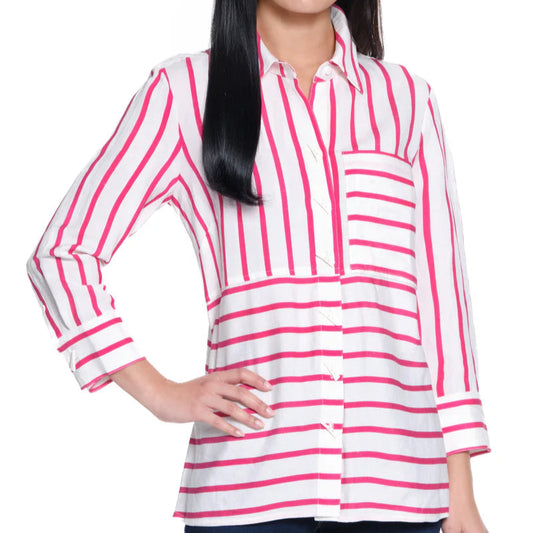 Print Button Front Shirt - Pink Stripe