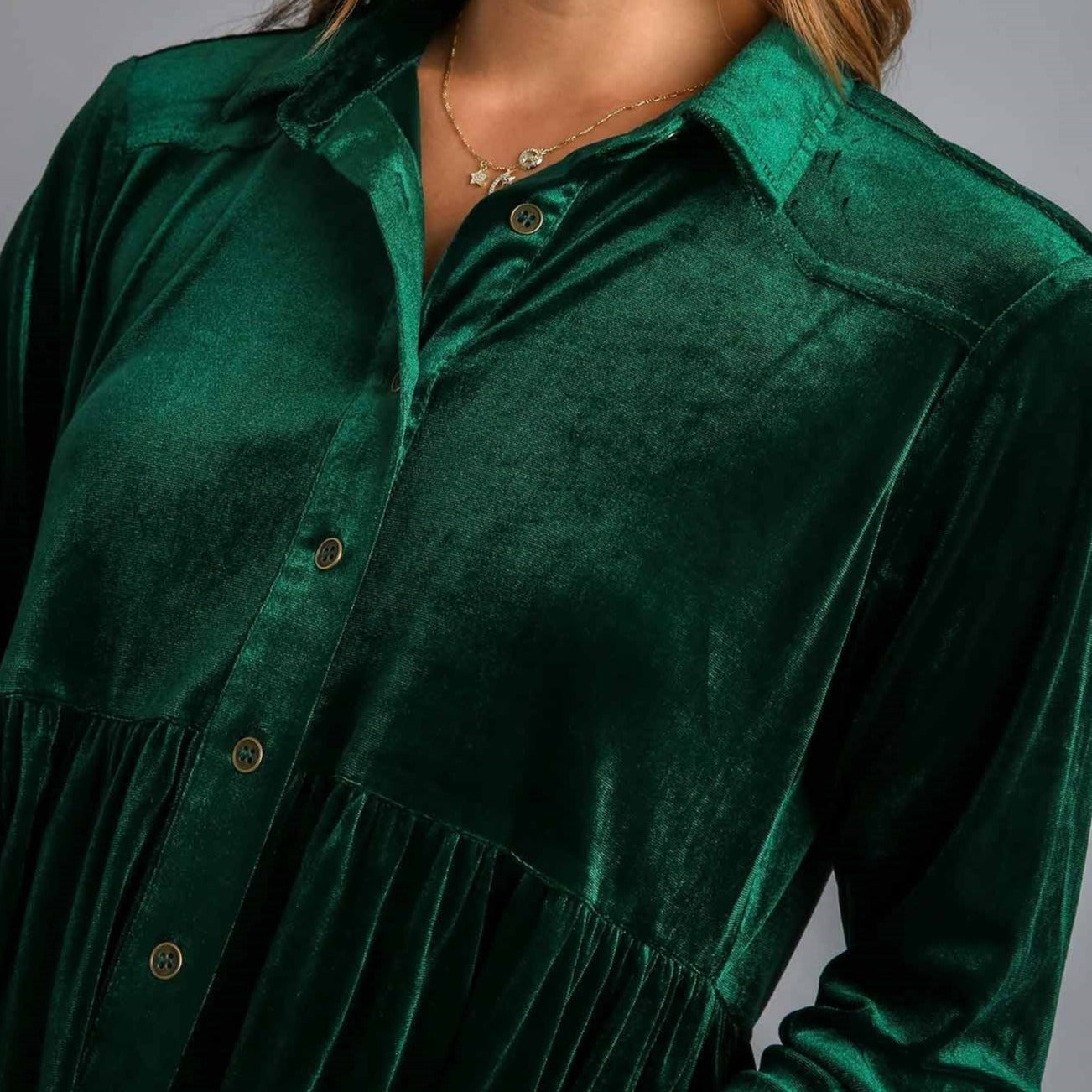 Velvet Collar Button Down Long Sleeve Tunic with High Low Hem