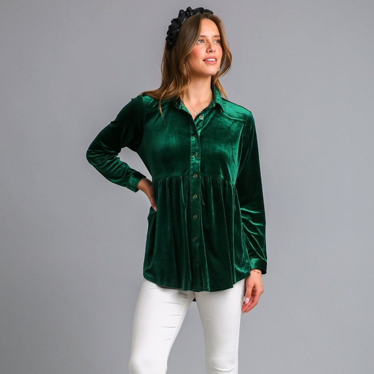 Velvet Collar Button Down Long Sleeve Tunic with High Low Hem