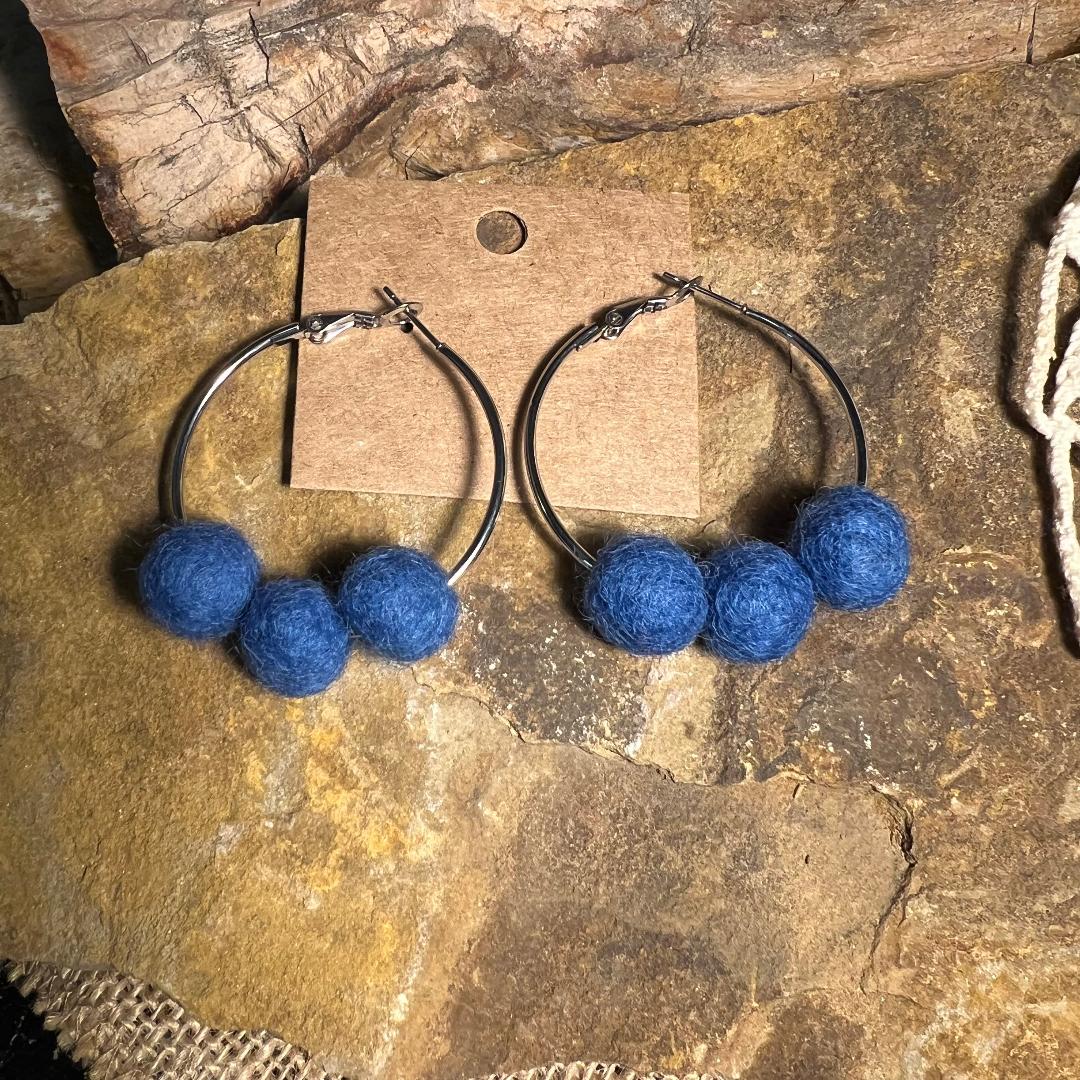 Blue Pom Pom Hoop Earrings