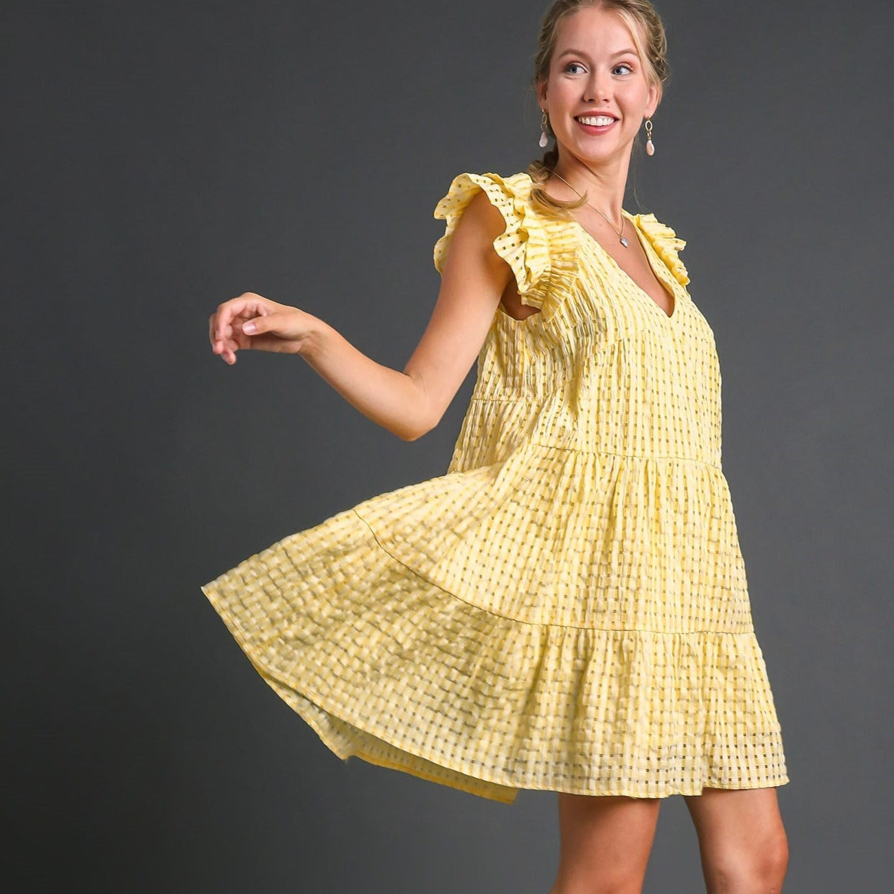 Seersucker V-Neck Tiered Dress with Flutter Sleeve