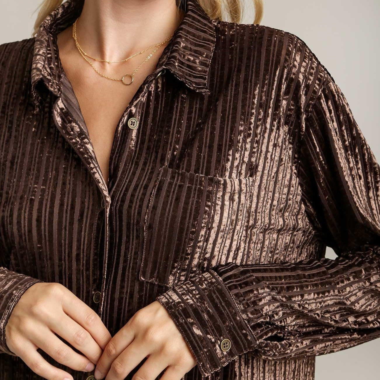 Stripped Velvet Button Down Shirt with Chest Pocket