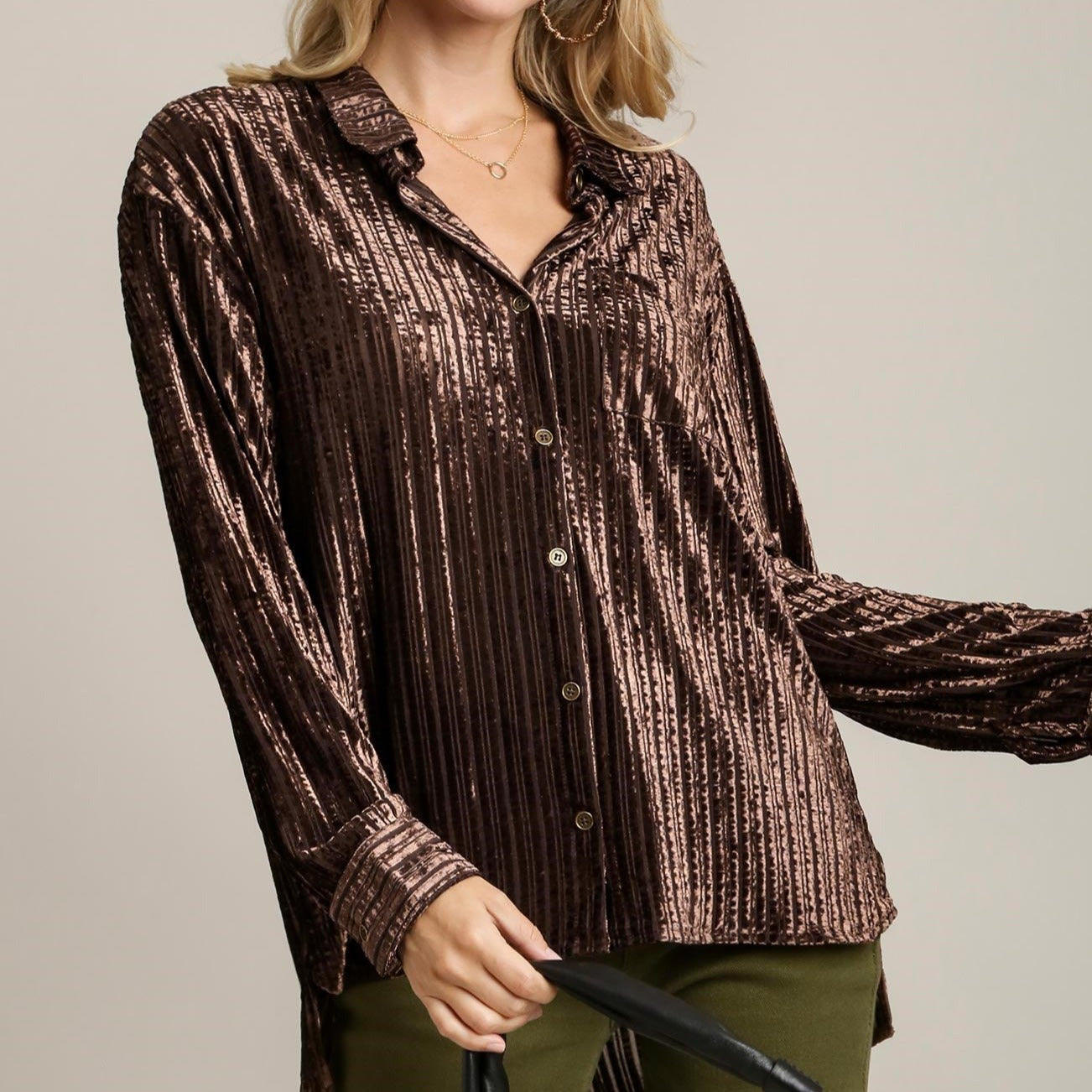 Stripped Velvet Button Down Shirt with Chest Pocket