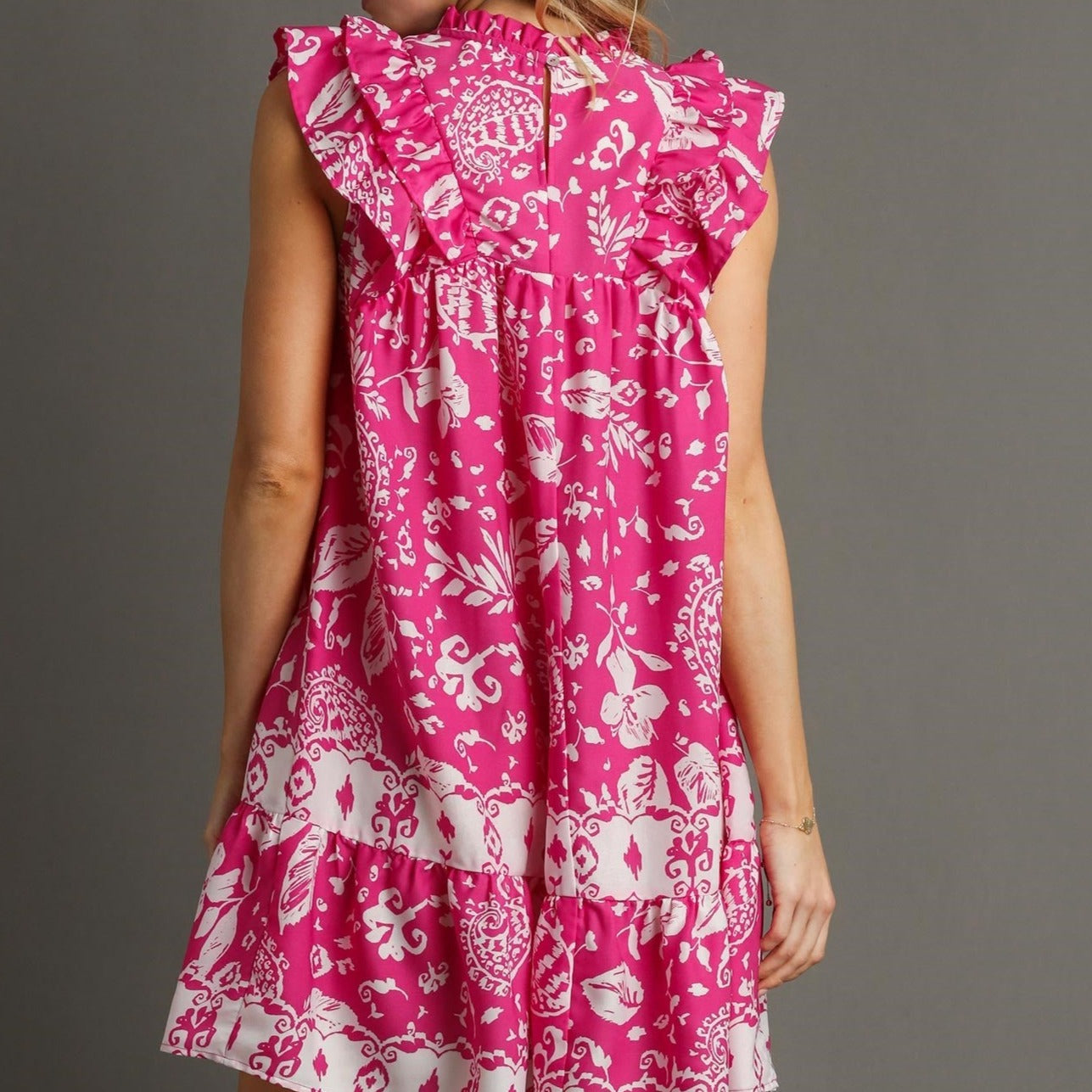 Floral Paisley Smocked Detail Dress with Ruffle Sleeves
