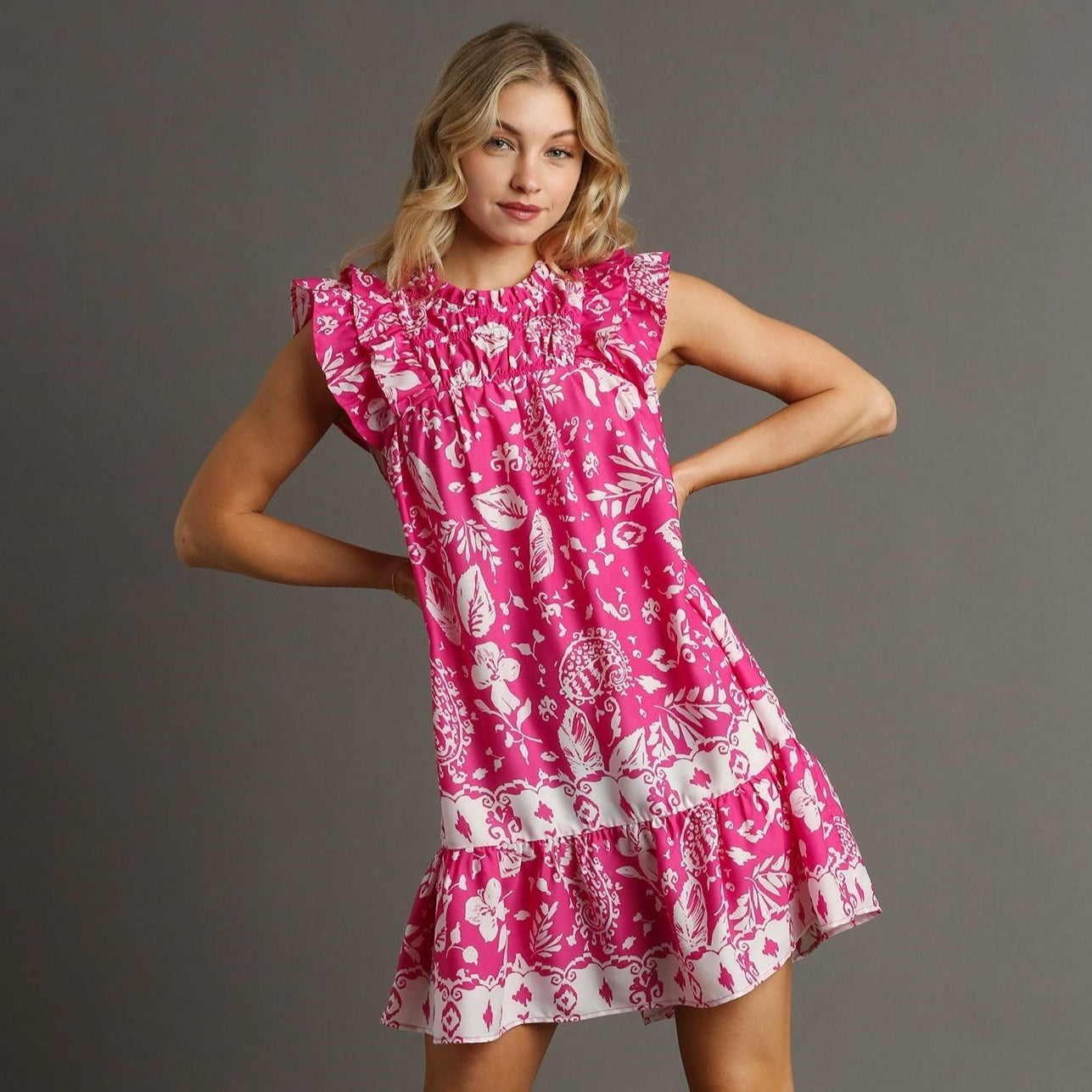 Floral Paisley Smocked Detail Dress with Ruffle Sleeves