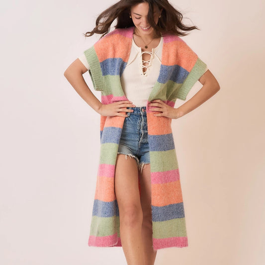 Color Block Sleeveless Knit Long Cardigan