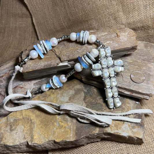 Neutral Cream AB & Pearl Cross Statement Necklace