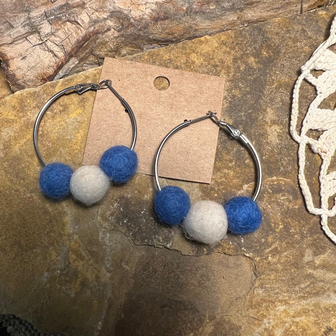 Blue & White Pom Pom Hoop Earrings
