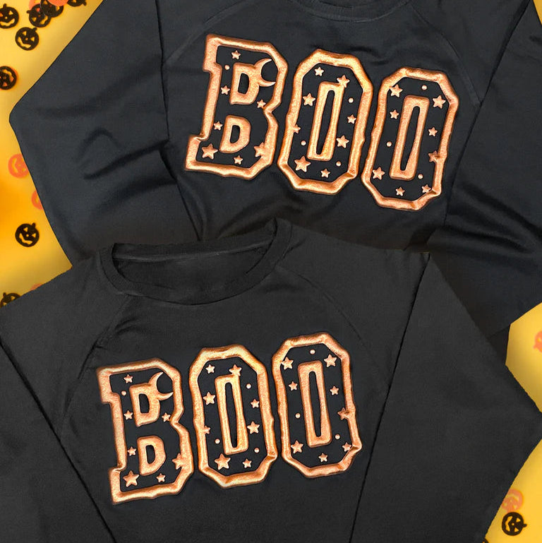Boo Metallic Puff Long Sleeve Edgy Graphic Shirt