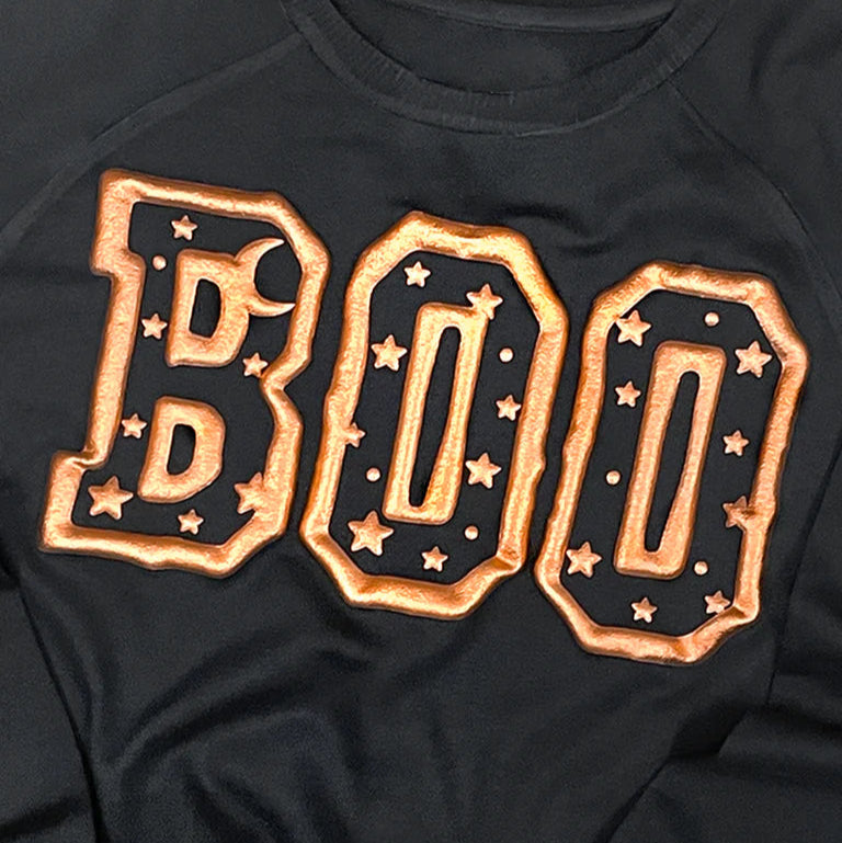 Boo Metallic Puff Long Sleeve Edgy Graphic Shirt