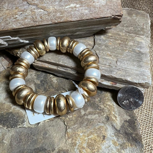 Bold Gold & Pearl Bead Stretch Bracelet