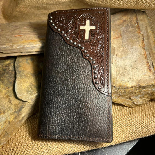 Brown Leaf Tooling Rodeo Wallet with Inlay Hair Cross