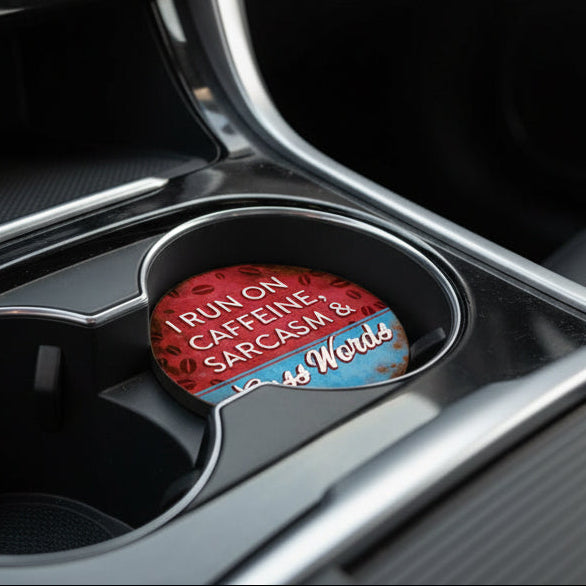 "I Run On Caffeine" Round Car Coaster