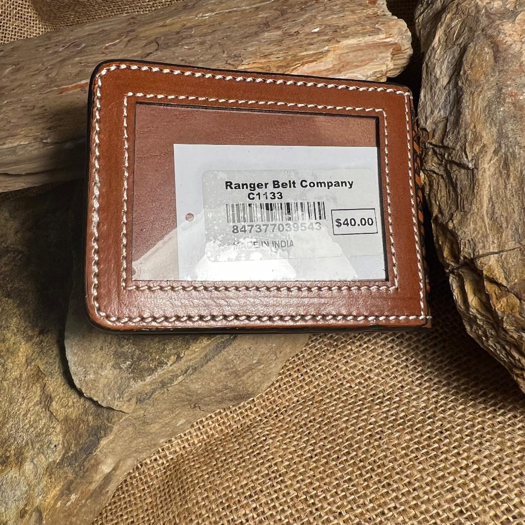 Tan Basket Weave Money Clip with Inlay Hair Cross