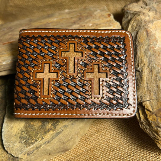 Tan Basket Weave Money Clip with Inlay Hair Cross