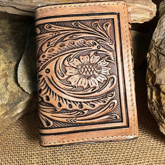 Tri-Fold Tan Leather Leaf Tooling Wallet