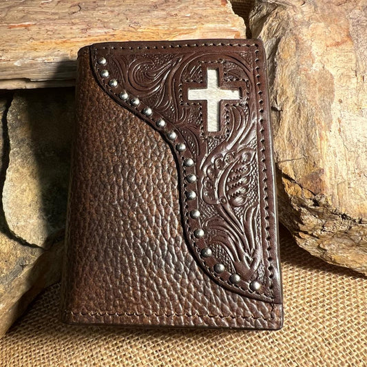 Tri-Fold Tumble Leaf with Inlay Hair Cross Wallet