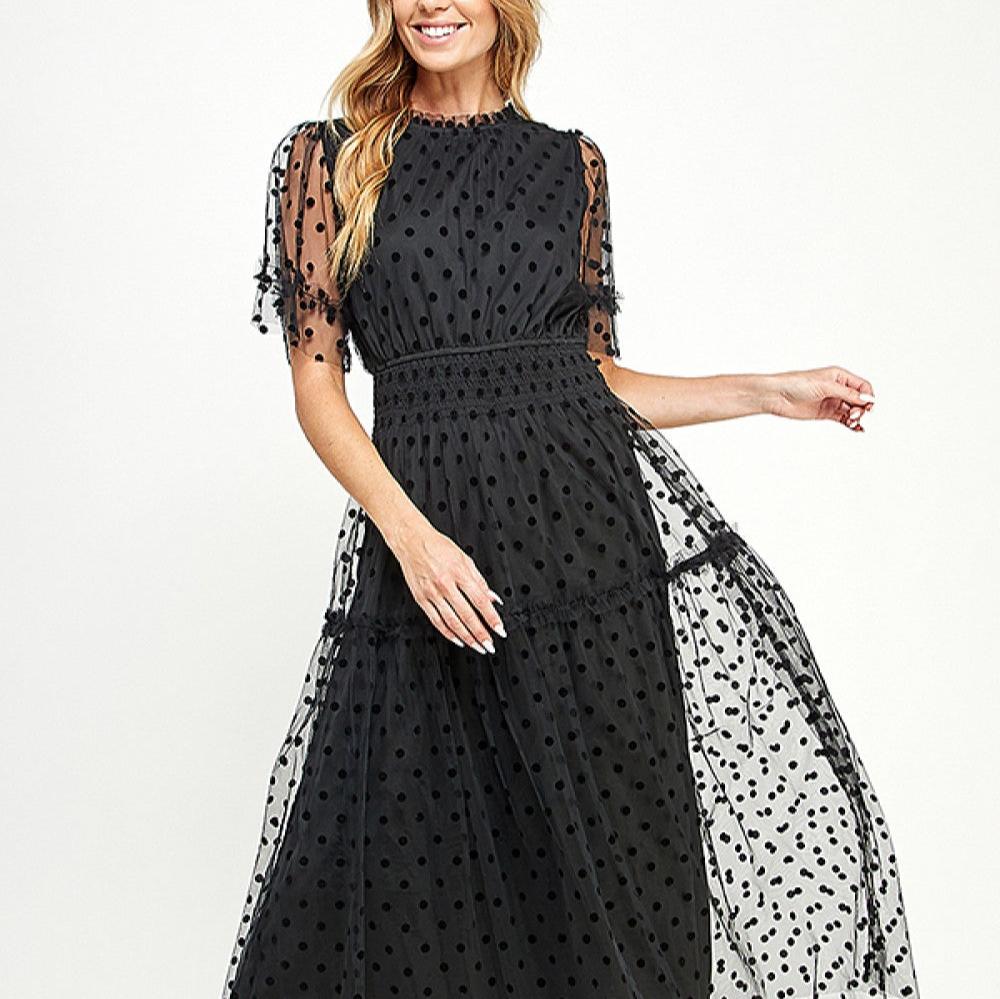 Polka Dot Mesh Midi Dress