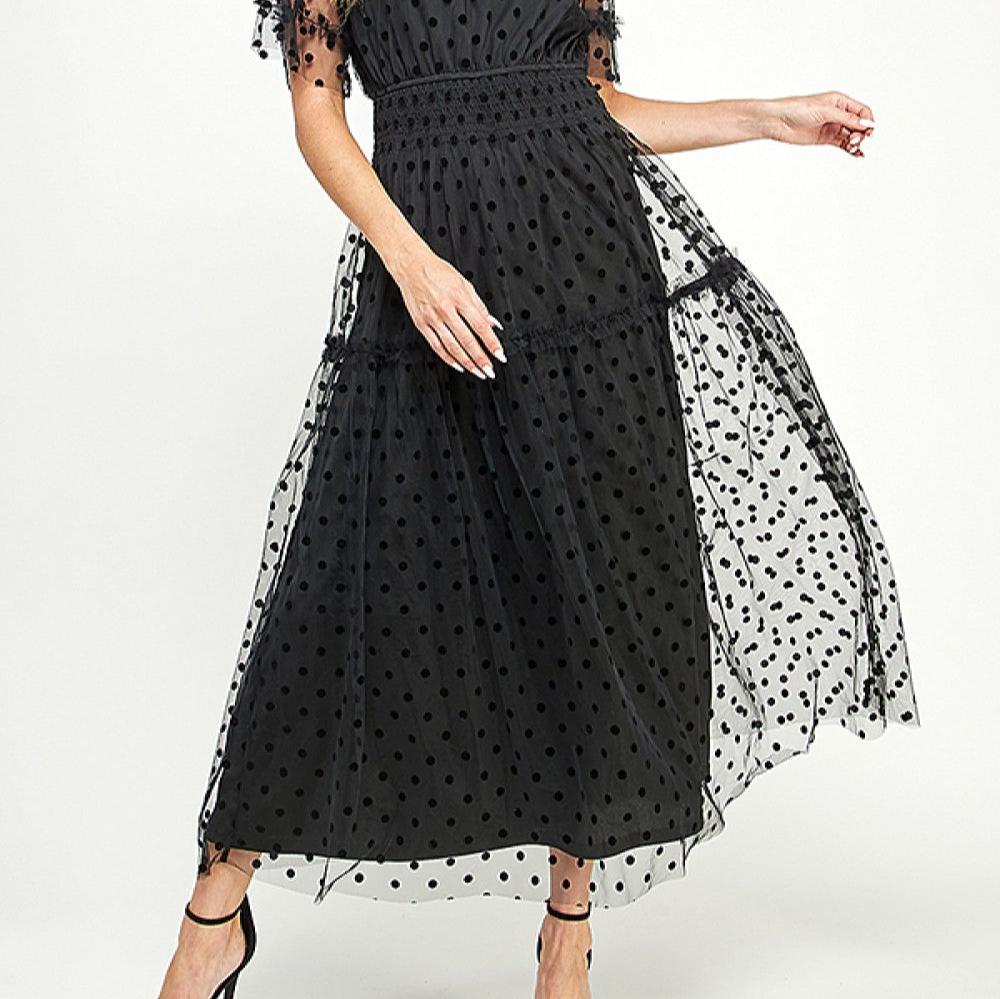 Polka Dot Mesh Midi Dress