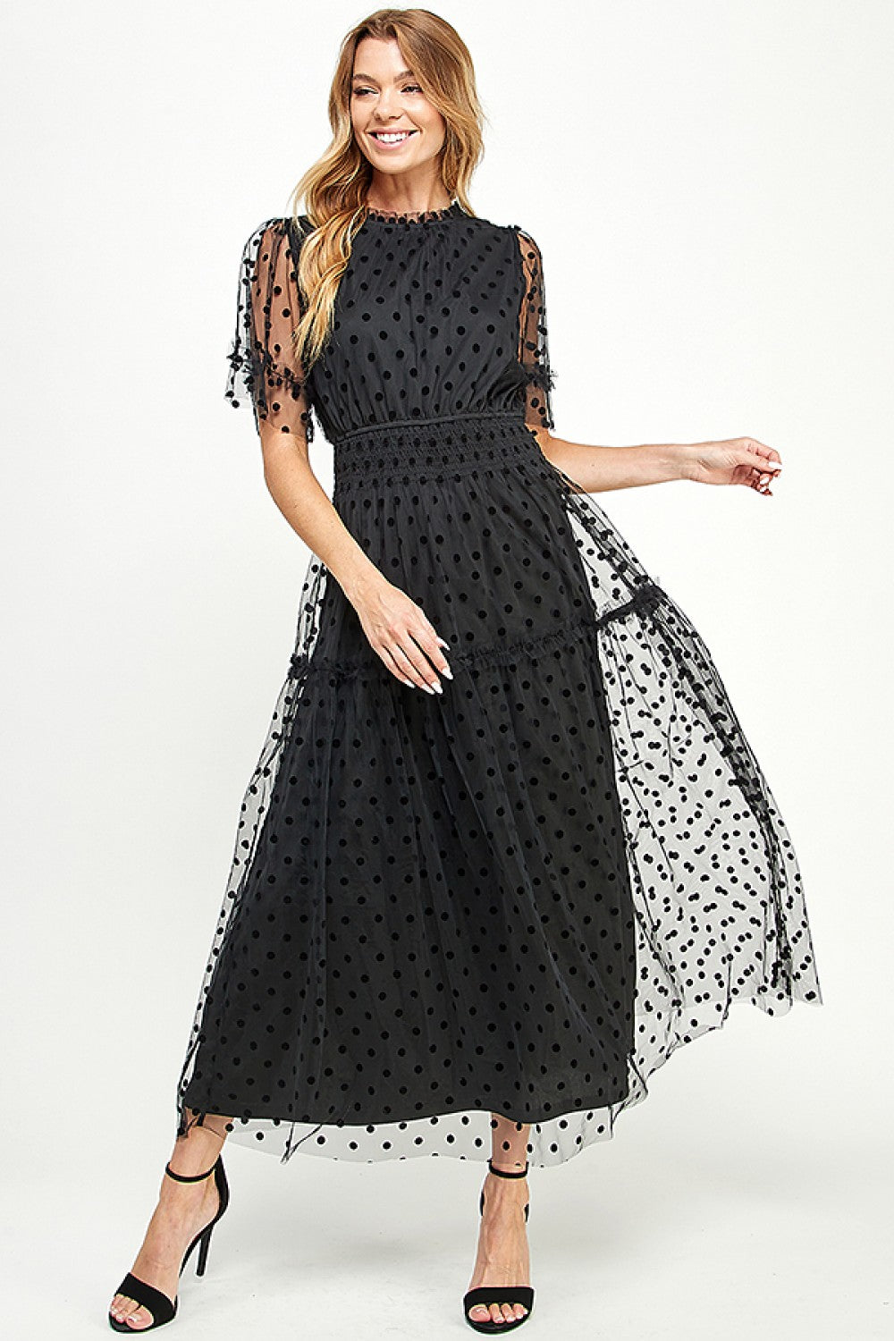 Polka Dot Mesh Midi Dress