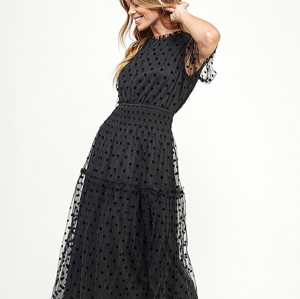 Polka Dot Mesh Midi Dress