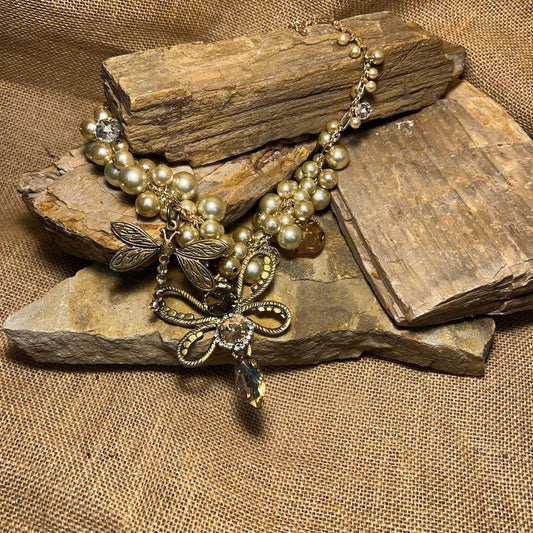 Dragon Fly Vintage Metal & Pearl Chain Necklace