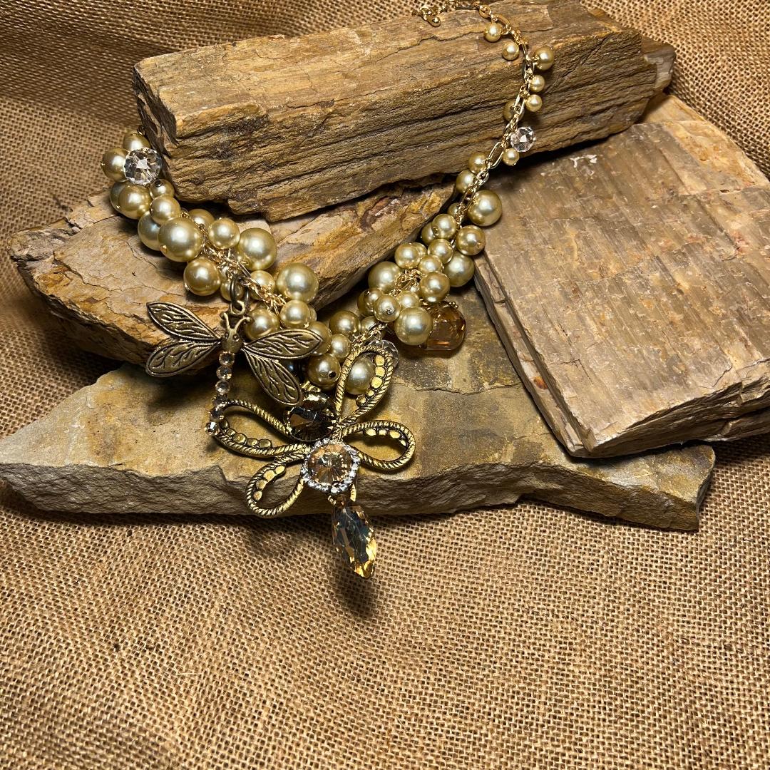 Dragon Fly Vintage Metal & Pearl Chain Necklace