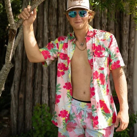 SOL PINK/PALM PRINT SS Pearl Snap Shirt