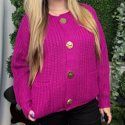 Big Button Accent Sweater Cardigan - Magenta