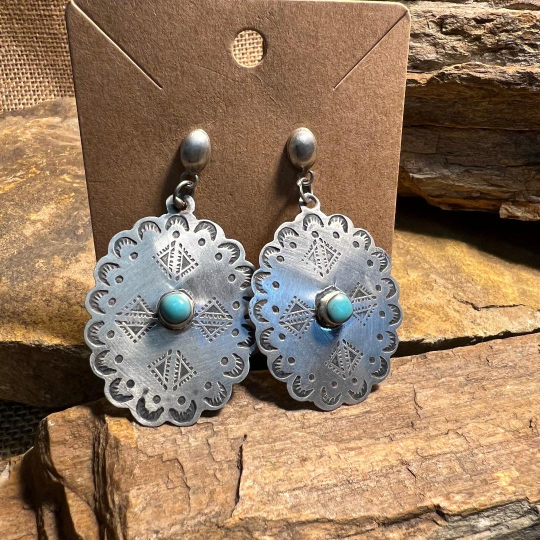 Matte Finished Santa Fe Oval with Center Turquoise Stone Post Earrings