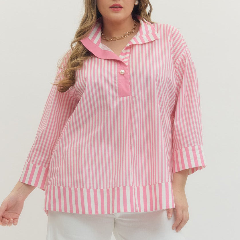 Pink Stripe Top With Pearl Button