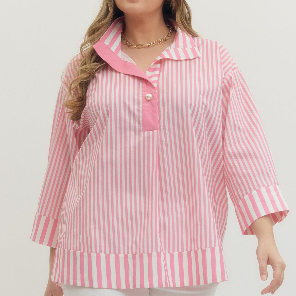 Pink Stripe Top With Pearl Button