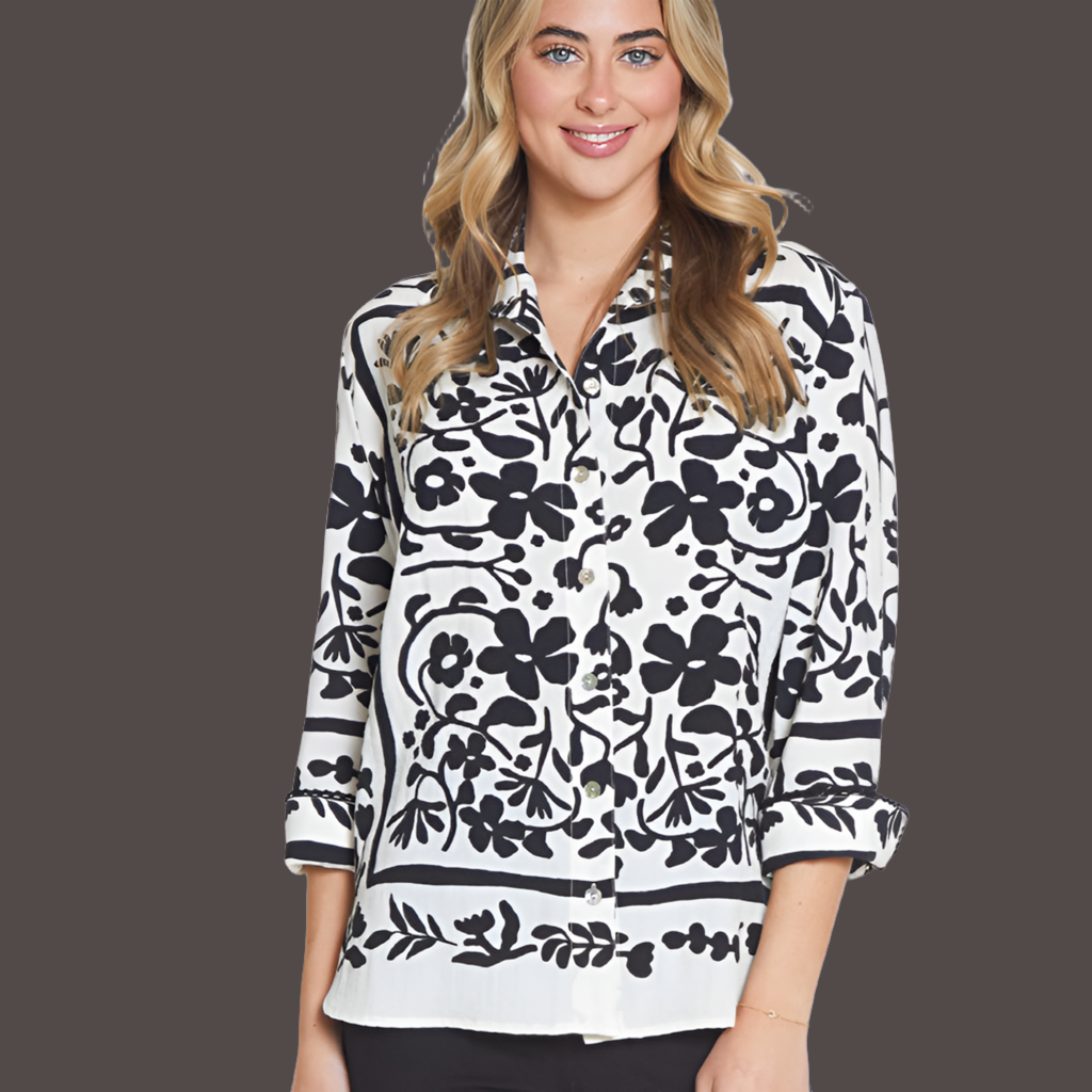 Border Print Button Up V Collar Shirt