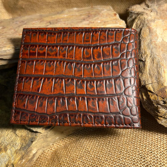 Bi-Fold Croc Print Leather Wallet