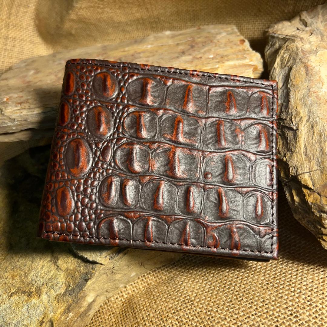 Bi-Fold Croc Print Leather Wallet