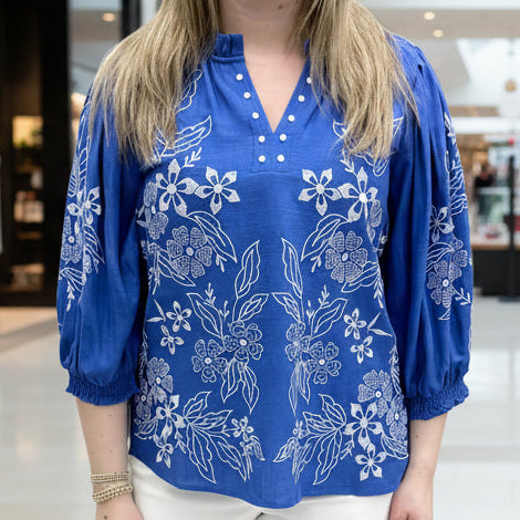 Blue Embroidered Popover Top with Ruffle Collar