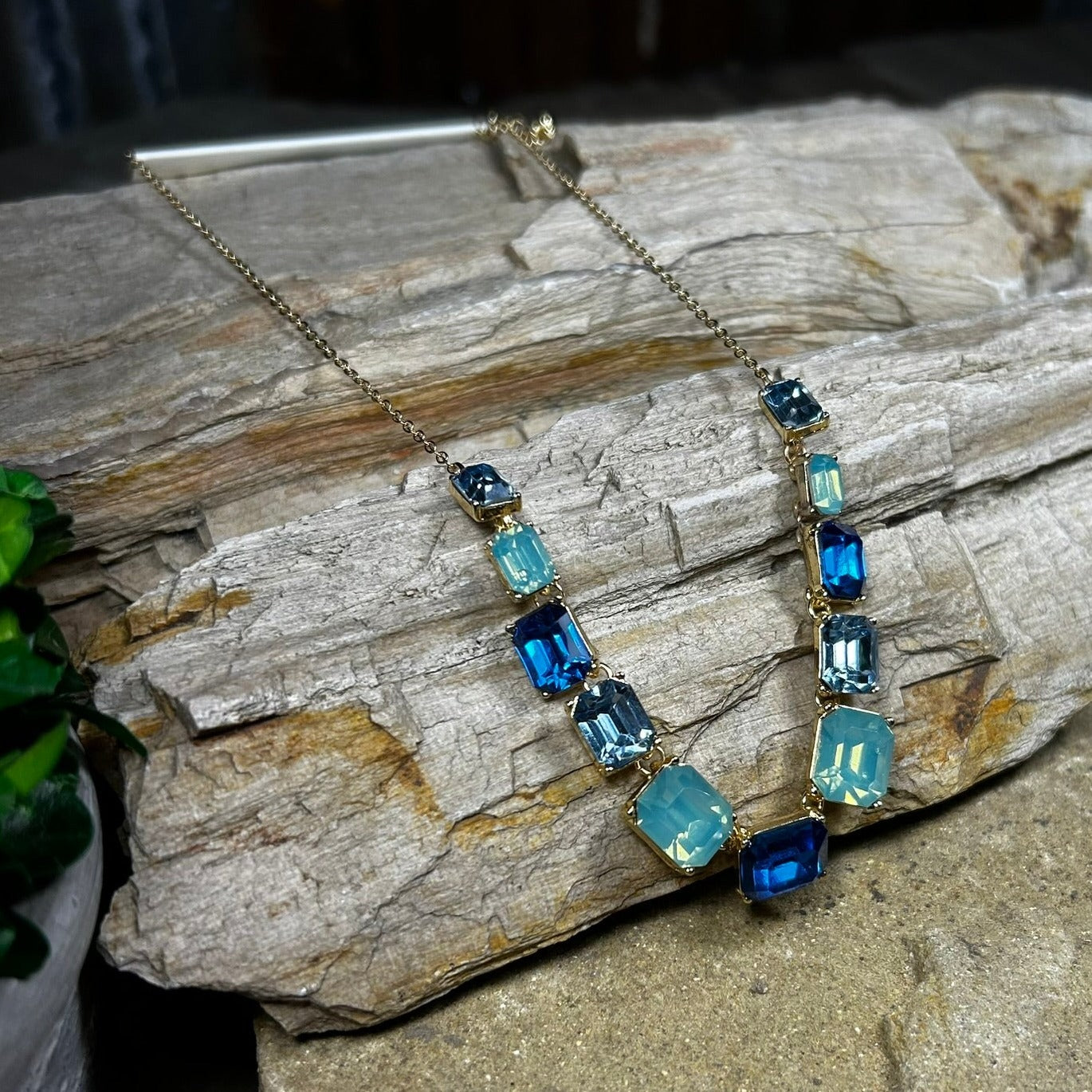 Blue Rectangle Rhinestone Necklace