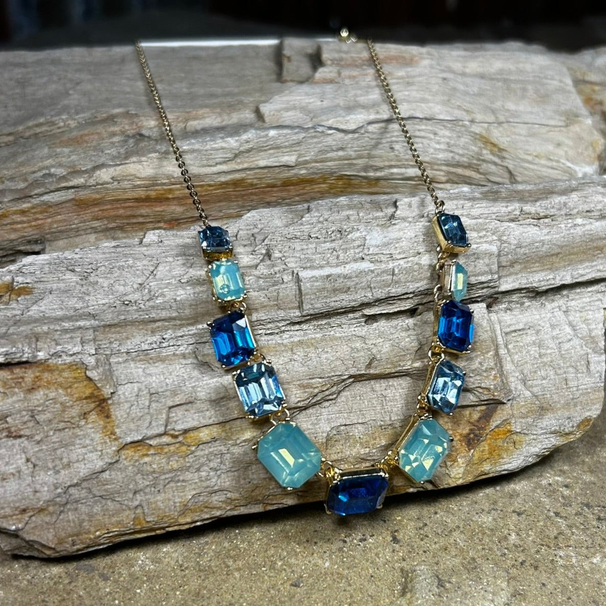 Blue Rectangle Rhinestone Necklace