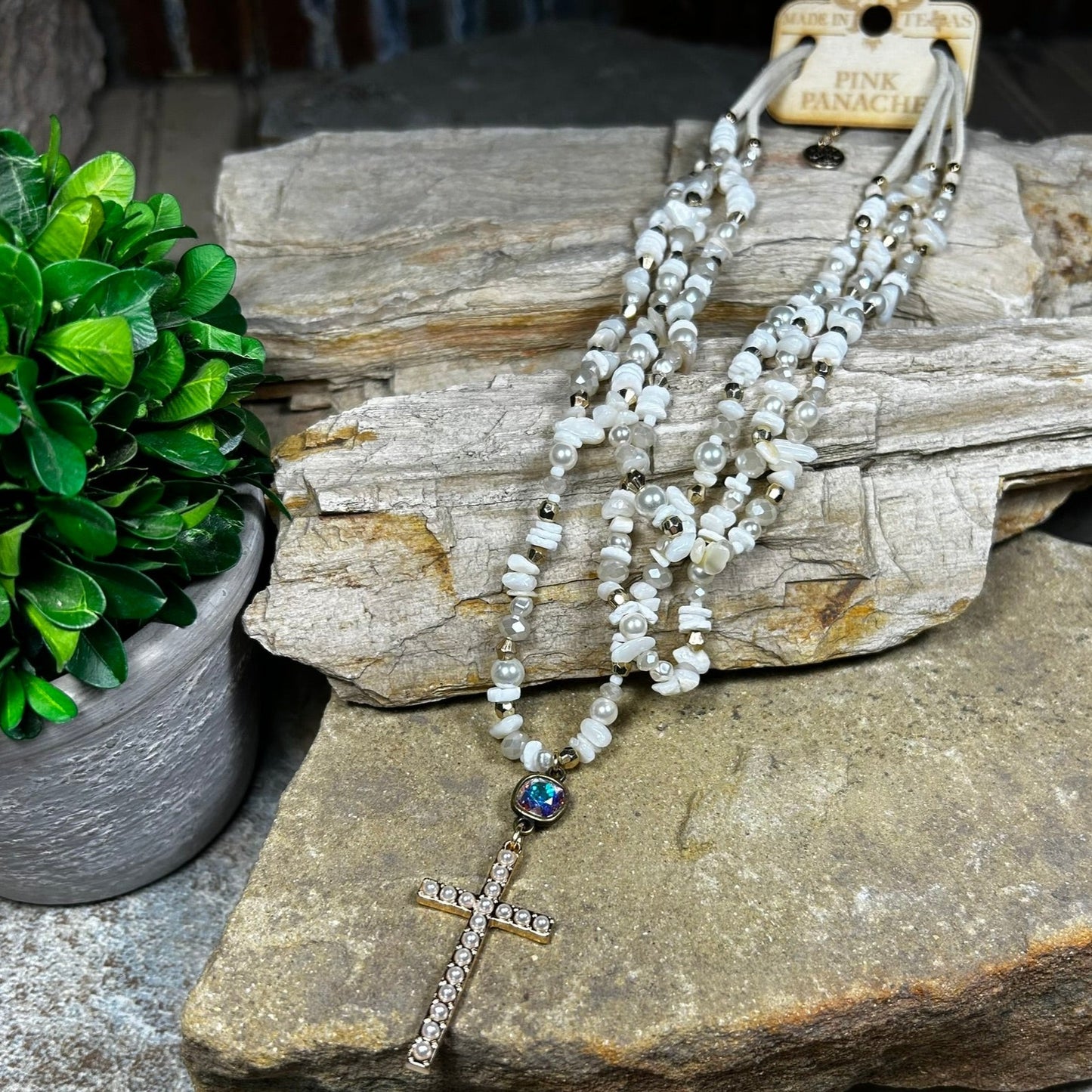 White Pearl Studded Cross Necklace