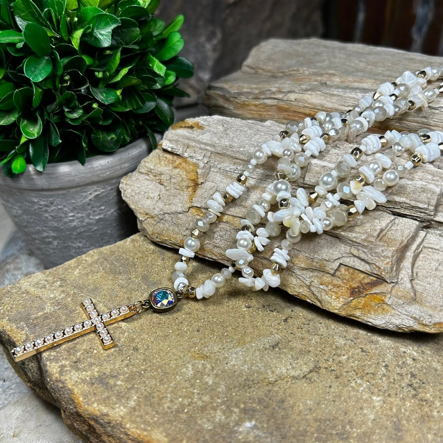 White Pearl Studded Cross Necklace