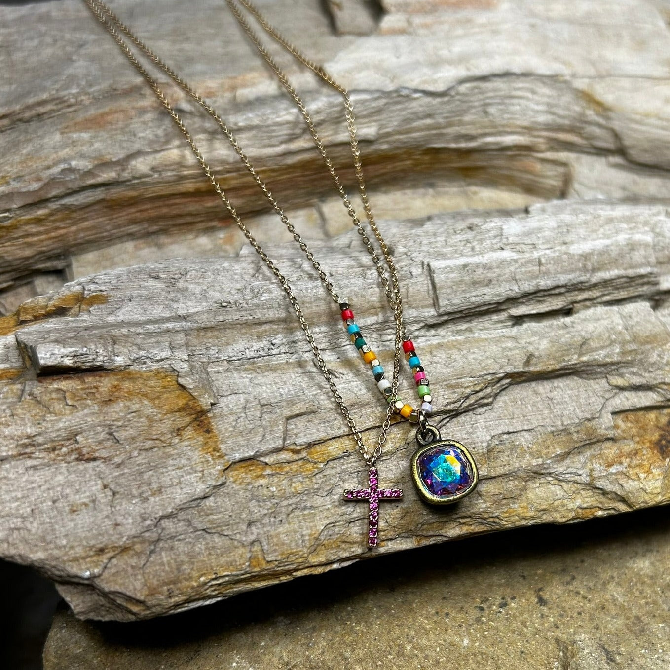 Multicolor Cross Drop Necklace