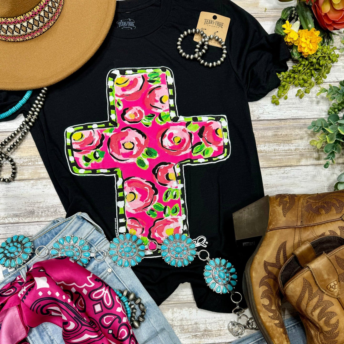 Callie Ann Stelter Pink Floral Cross Tee