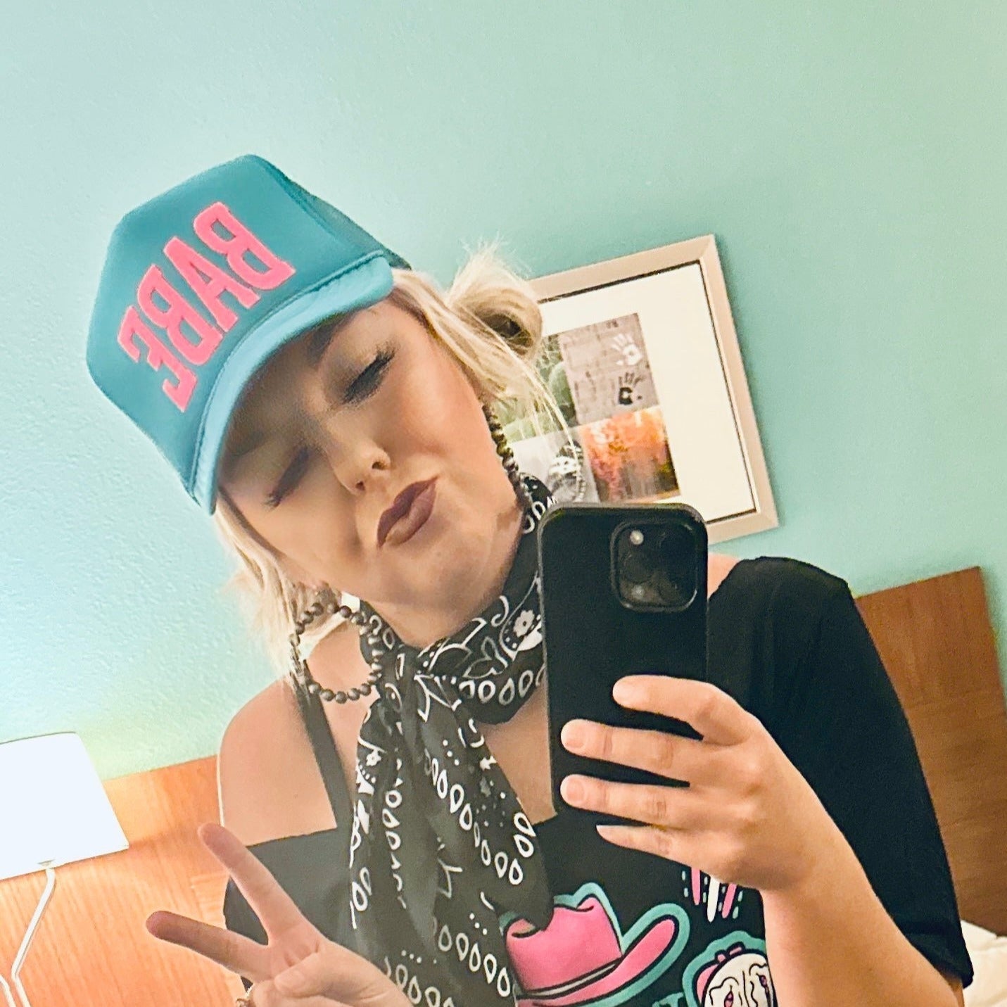 Babe in Pink Puff on Turquoise Trucker Cap