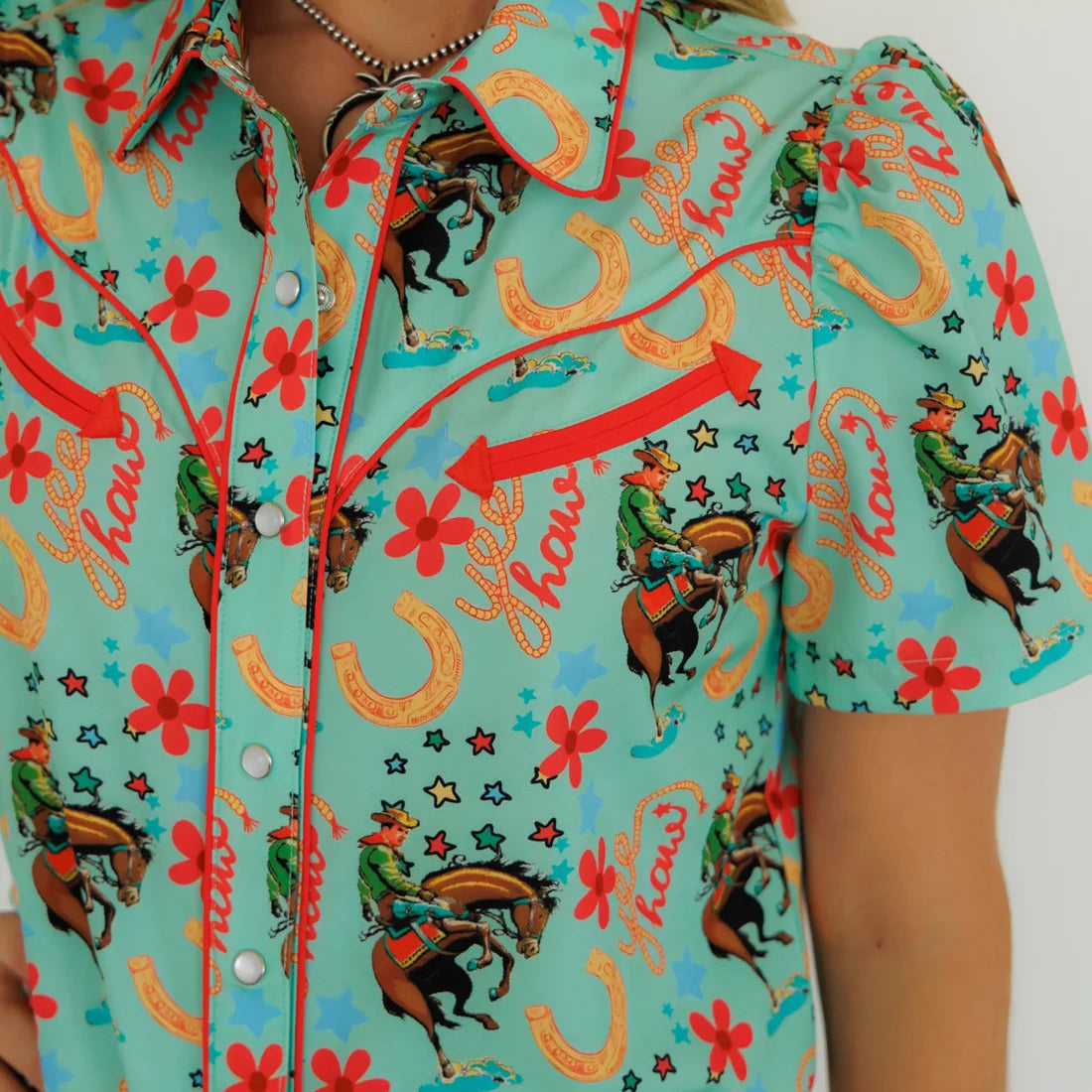 Howdy Hanny Pearl Snap, Turquoise Yeehaw Short Sleeve