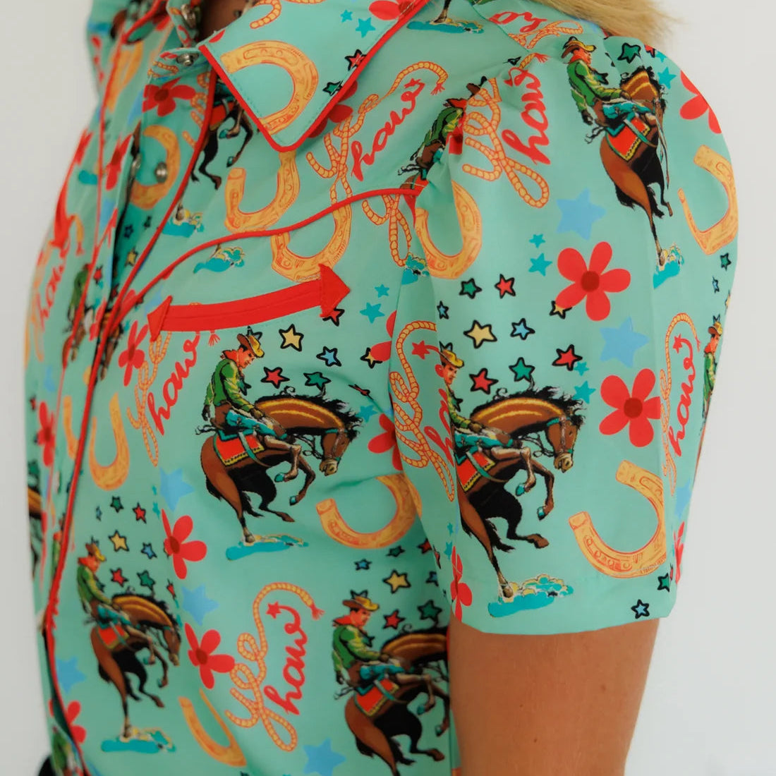 Howdy Hanny Pearl Snap, Turquoise Yeehaw Short Sleeve